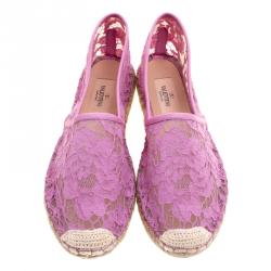 Pre Owned Valentino Pink Lace and Leather Espadrilles Size 37