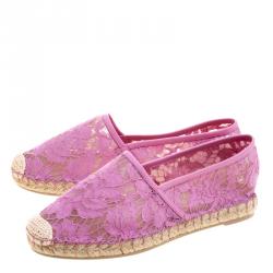 Pre Owned Valentino Pink Lace and Leather Espadrilles Size 37