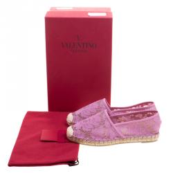Pre Owned Valentino Pink Lace and Leather Espadrilles Size 37
