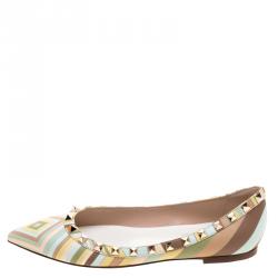 Pre Owned Valentino Native Couture 1975 Print Leather Rockstud Pointed Toe Ballet Flats Size 36.5