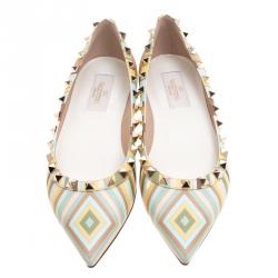 Pre Owned Valentino Native Couture 1975 Print Leather Rockstud Pointed Toe Ballet Flats Size 36.5