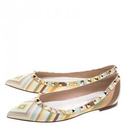 Pre Owned Valentino Native Couture 1975 Print Leather Rockstud Pointed Toe Ballet Flats Size 36.5