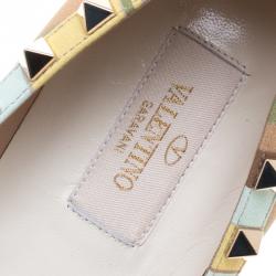 Pre Owned Valentino Native Couture 1975 Print Leather Rockstud Pointed Toe Ballet Flats Size 36.5