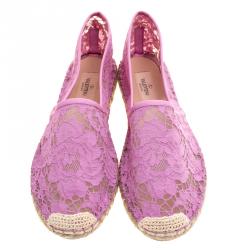 Pre Owned Valentino Pink Lace and Leather Espadrilles Size 41