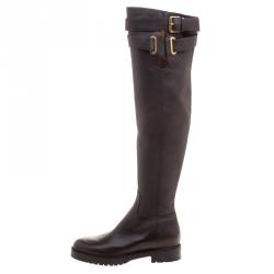 Pre Owned Valentino Brown Leather Over The Knee Boots Size 39
