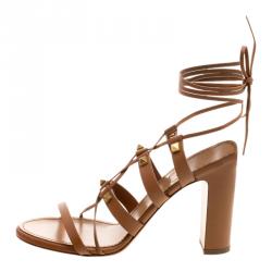Pre Owned Valentino Brown Leather Rockstud Block Heel Gladiator Lace Up Sandals Size 40