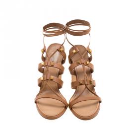 Pre Owned Valentino Brown Leather Rockstud Block Heel Gladiator Lace Up Sandals Size 40