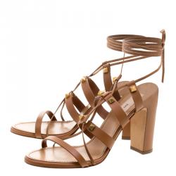 Pre Owned Valentino Brown Leather Rockstud Block Heel Gladiator Lace Up Sandals Size 40