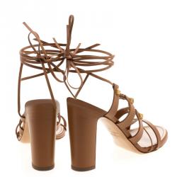 Pre Owned Valentino Brown Leather Rockstud Block Heel Gladiator Lace Up Sandals Size 40