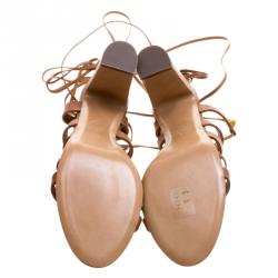 Pre Owned Valentino Brown Leather Rockstud Block Heel Gladiator Lace Up Sandals Size 40