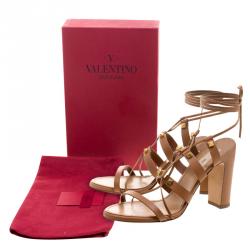 Pre Owned Valentino Brown Leather Rockstud Block Heel Gladiator Lace Up Sandals Size 40
