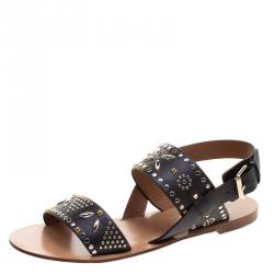 Pre Owned Valentino Black Embellished Leather Flat Sandals Size 37.5