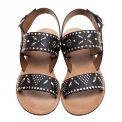 Pre Owned Valentino Black Embellished Leather Flat Sandals Size 37.5