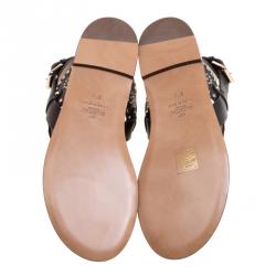 Pre Owned Valentino Black Embellished Leather Flat Sandals Size 37.5