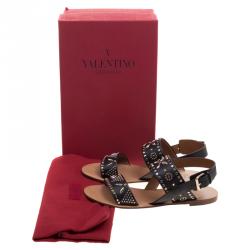 Pre Owned Valentino Black Embellished Leather Flat Sandals Size 37.5