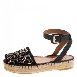 Pre Owned Valentino Black Embellished Suede and Leather Ankle Strap Espadrilles Size 39