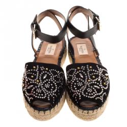 Pre Owned Valentino Black Embellished Suede and Leather Ankle Strap Espadrilles Size 39
