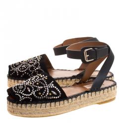 Pre Owned Valentino Black Embellished Suede and Leather Ankle Strap Espadrilles Size 39