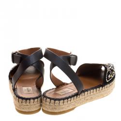 Pre Owned Valentino Black Embellished Suede and Leather Ankle Strap Espadrilles Size 39