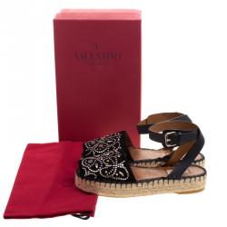 Pre Owned Valentino Black Embellished Suede and Leather Ankle Strap Espadrilles Size 39