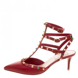 Pre Owned Valentino Red Leather Rolling Rockstud Sandals Size 39.5