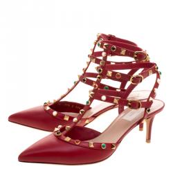 Pre Owned Valentino Red Leather Rolling Rockstud Sandals Size 39.5