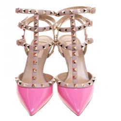 Pre Owned Valentino Beige and Pink Patent Leather Rockstud Sandals Size 37