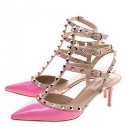 Pre Owned Valentino Beige and Pink Patent Leather Rockstud Sandals Size 37