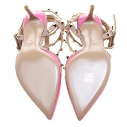 Pre Owned Valentino Beige and Pink Patent Leather Rockstud Sandals Size 37