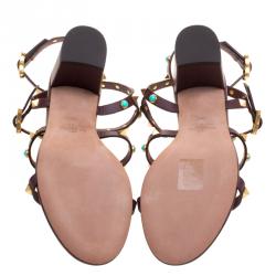 Pre Owned Valentino Mocha Brown Leather Rolling Rockstud Cabochon Gladiator Sandals Size 38