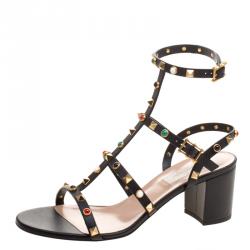 Pre Owned Valentino Black Leather Rolling Rockstud Cabochon Gladiator Sandals Size 39.5