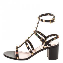 Pre Owned Valentino Black Leather Rolling Rockstud Cabochon Gladiator Sandals Size 39.5