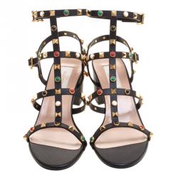 Pre Owned Valentino Black Leather Rolling Rockstud Cabochon Gladiator Sandals Size 39.5