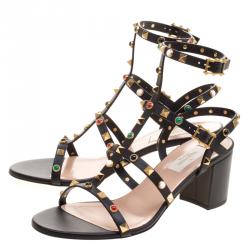 Pre Owned Valentino Black Leather Rolling Rockstud Cabochon Gladiator Sandals Size 39.5