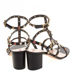 Pre Owned Valentino Black Leather Rolling Rockstud Cabochon Gladiator Sandals Size 39.5