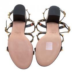 Pre Owned Valentino Black Leather Rolling Rockstud Cabochon Gladiator Sandals Size 39.5