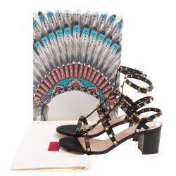 Pre Owned Valentino Black Leather Rolling Rockstud Cabochon Gladiator Sandals Size 39.5