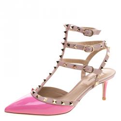 Pre Owned Valentino Beige and Pink Patent Leather Rockstud Sandals Size 38.5