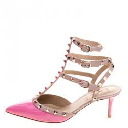 Pre Owned Valentino Beige and Pink Patent Leather Rockstud Sandals Size 38.5
