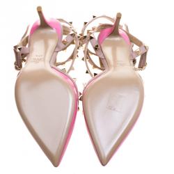 Pre Owned Valentino Beige and Pink Patent Leather Rockstud Sandals Size 38.5