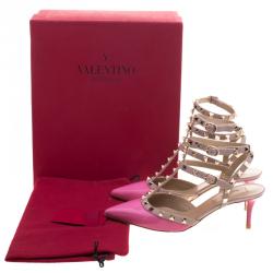 Pre Owned Valentino Beige and Pink Patent Leather Rockstud Sandals Size 38.5