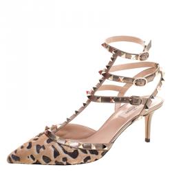 Pre Owned Valentino Beige Calf Hair and Leather Fucile Al Campion Rockstud Sandals Size 37.5