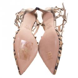 Pre Owned Valentino Beige Calf Hair and Leather Fucile Al Campion Rockstud Sandals Size 37.5