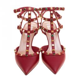 Pre Owned Valentino Maroon Leather Rolling Rockstud Sandals Size 37