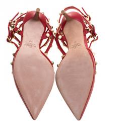 Pre Owned Valentino Maroon Leather Rolling Rockstud Sandals Size 37