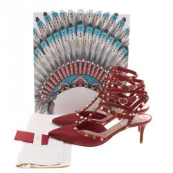 Pre Owned Valentino Maroon Leather Rolling Rockstud Sandals Size 37