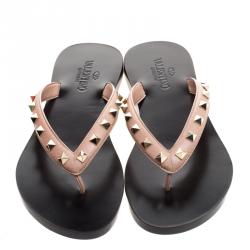 Pre Owned Valentino Beige Leather Rockstud Flat Thong Sandals Size 37