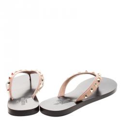 Pre Owned Valentino Beige Leather Rockstud Flat Thong Sandals Size 37