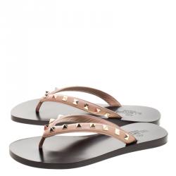 Pre Owned Valentino Beige Leather Rockstud Flat Thong Sandals Size 36
