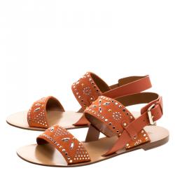 Pre Owned Valentino Orange Embellished Suede Flat Sandals Size 38